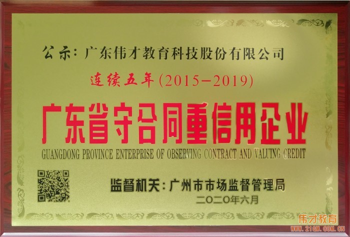 偉才教育連續(xù)五年榮獲“廣東省守合同重信用企業(yè)”榮譽(yù)稱號！