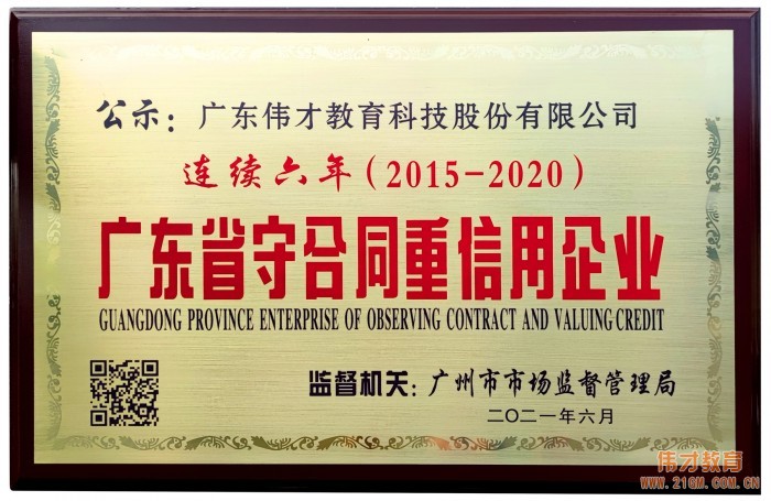 連續(xù)6年！偉才教育榮獲“廣東省守合同重信用企業(yè)”稱號